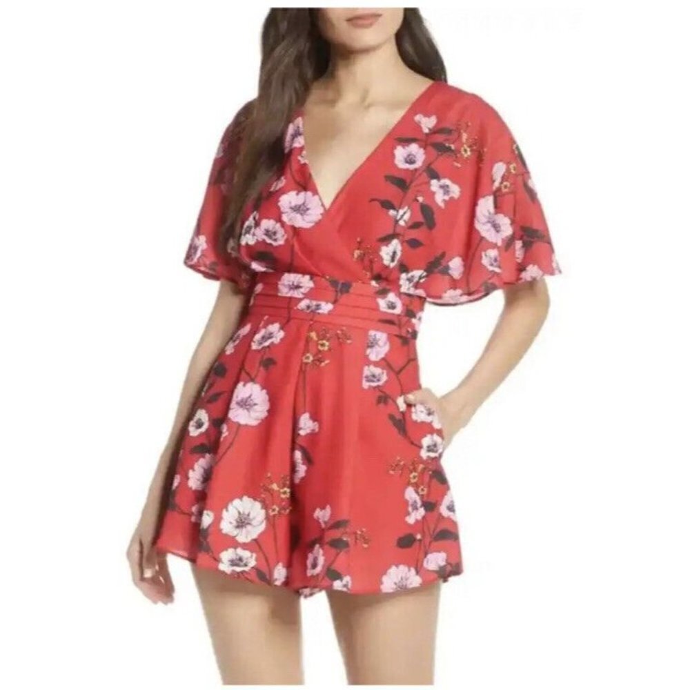 Keepsake red floral print romper summer wedding guest NWTS flawed new XS (1D)
